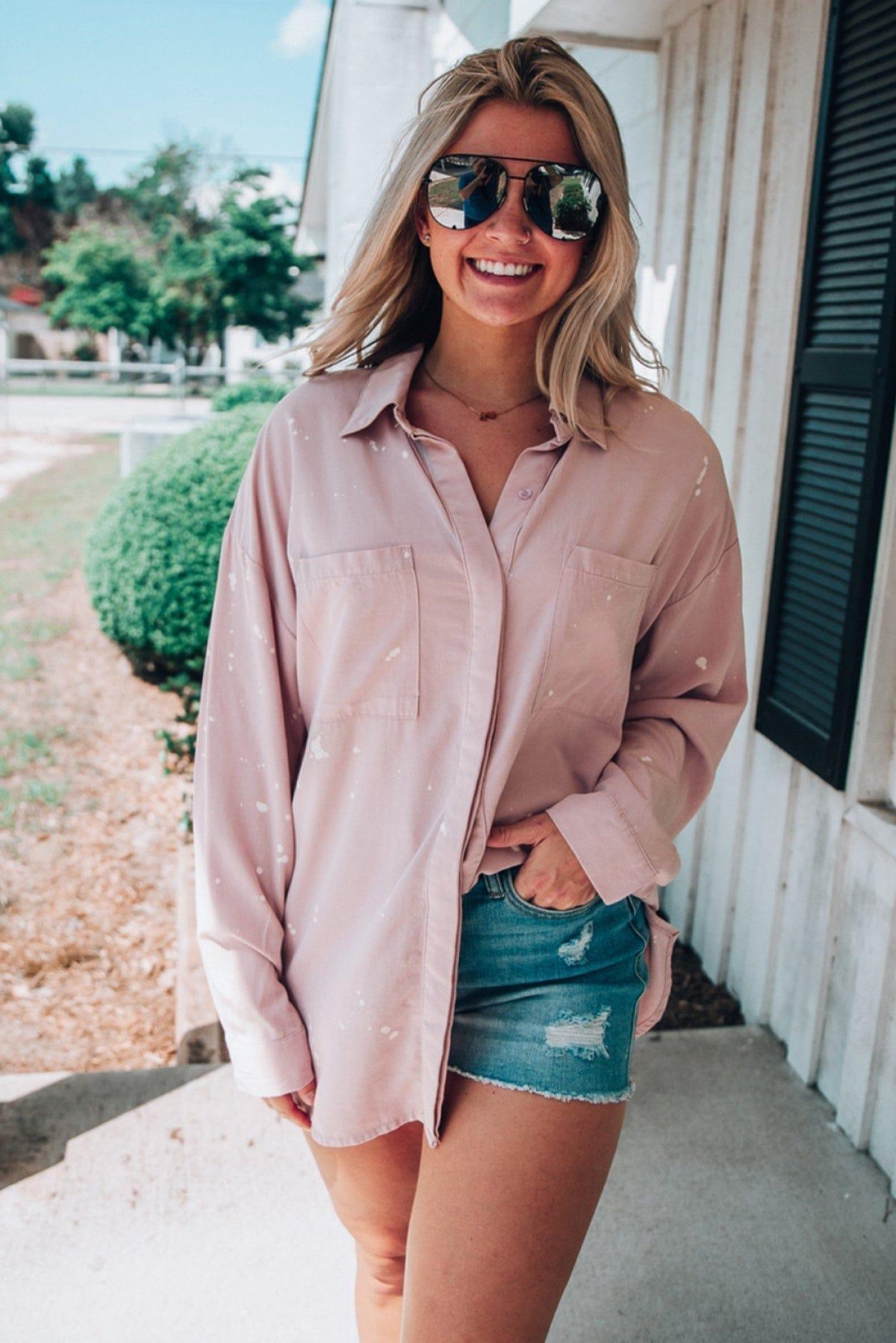 Pink Oversized Bleach Stained Shirt With Chest Pockets