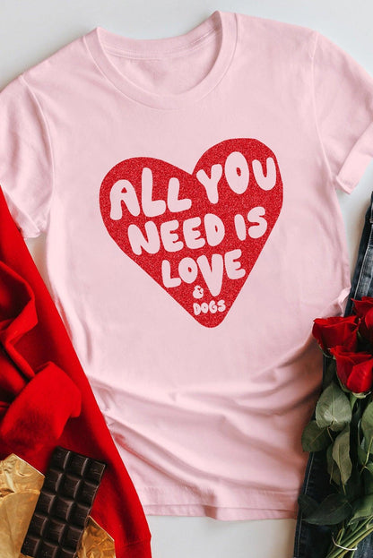 Pink Tee All YOU NEED IS LOVE Heart Glitter Graphic T-Shirt