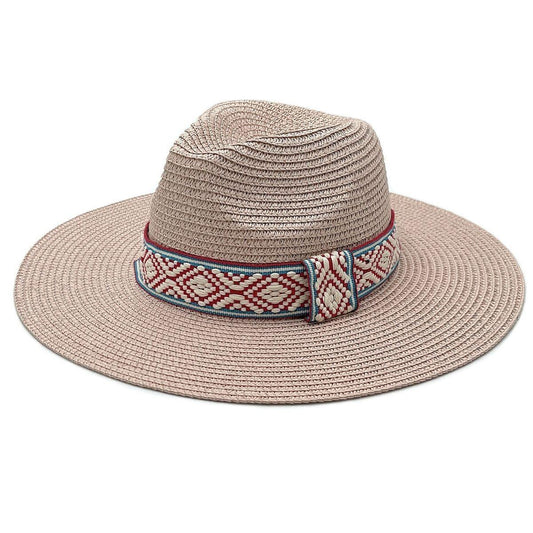 Pink Womens Panama Straw Hat with Woven Detail