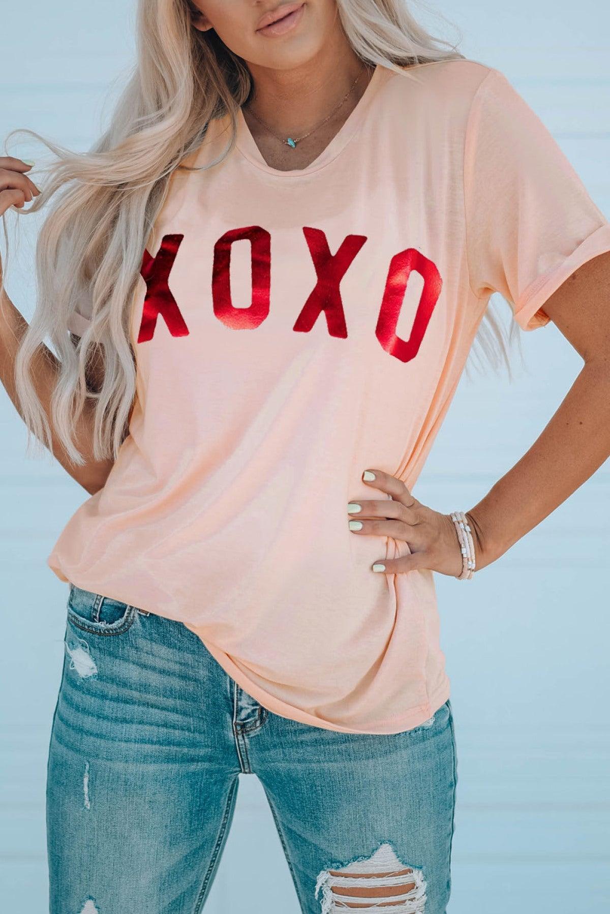 Pink XOXO T-Shirt Glitter Pattern Print Short Sleeve Graphic Tee