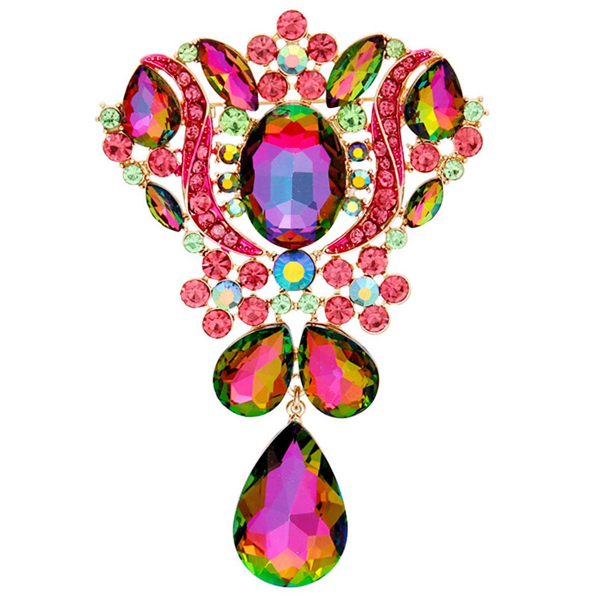 Brooch Pink Green Crystal Large Pin for Women