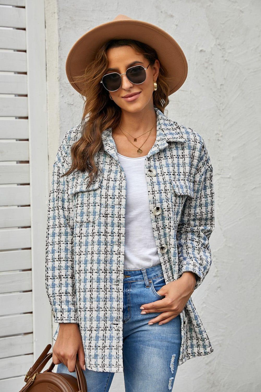 Plaid Print Button Knitted Coat With Pocket
