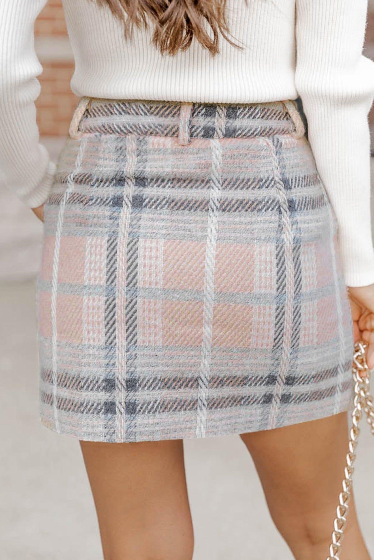 Plaid Print Knitted Raw Hem High Waist Mini Skirt Pink