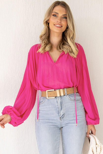 Pleated Bead String Tie V Neck Blouse Rose Color
