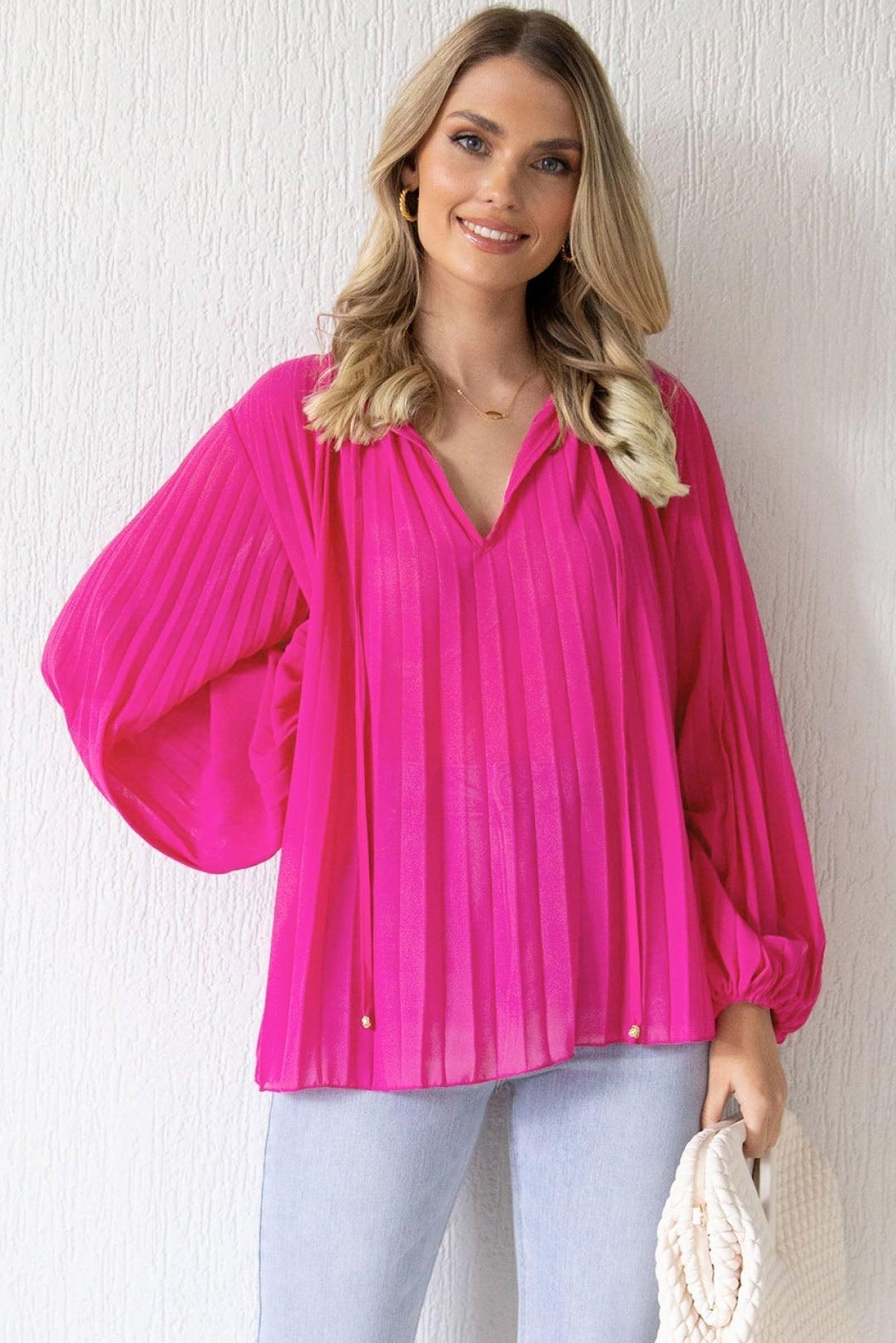 Pleated Bead String Tie V Neck Blouse Rose Color