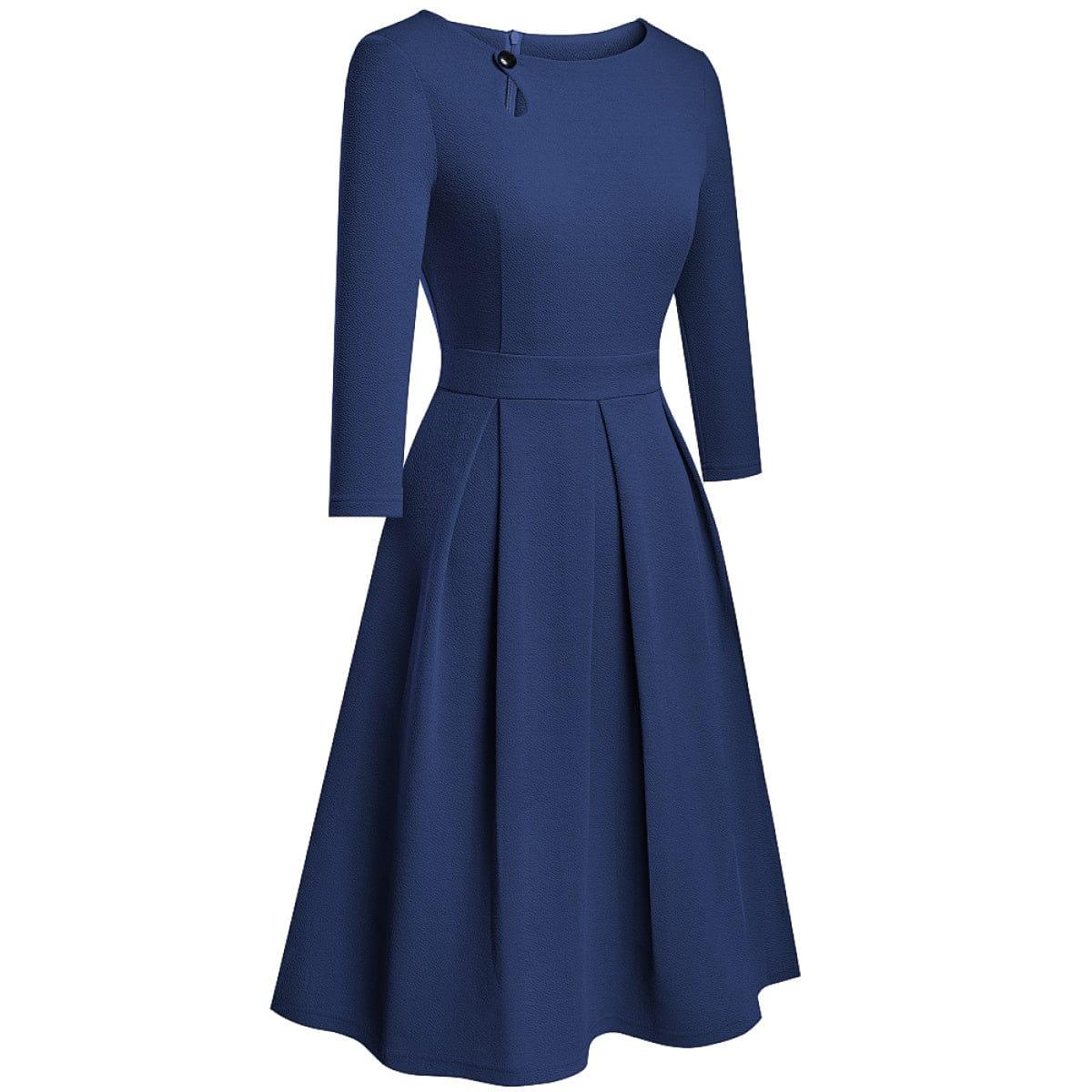 Pleated Round-neck With Button 3/4 Sleeve Mini Dress