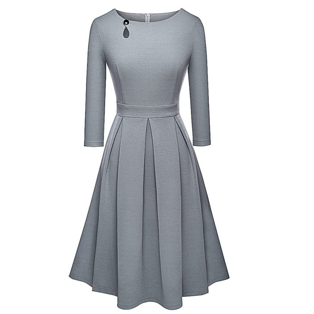 Pleated Round-neck With Button 3/4 Sleeve Mini Dress