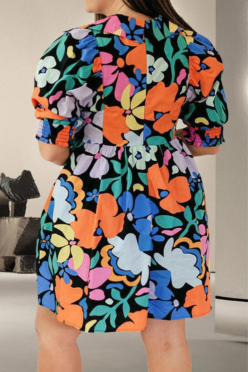 Plus Size Printed Floral V-Neck Short Sleeve Mini Dress Multicolor