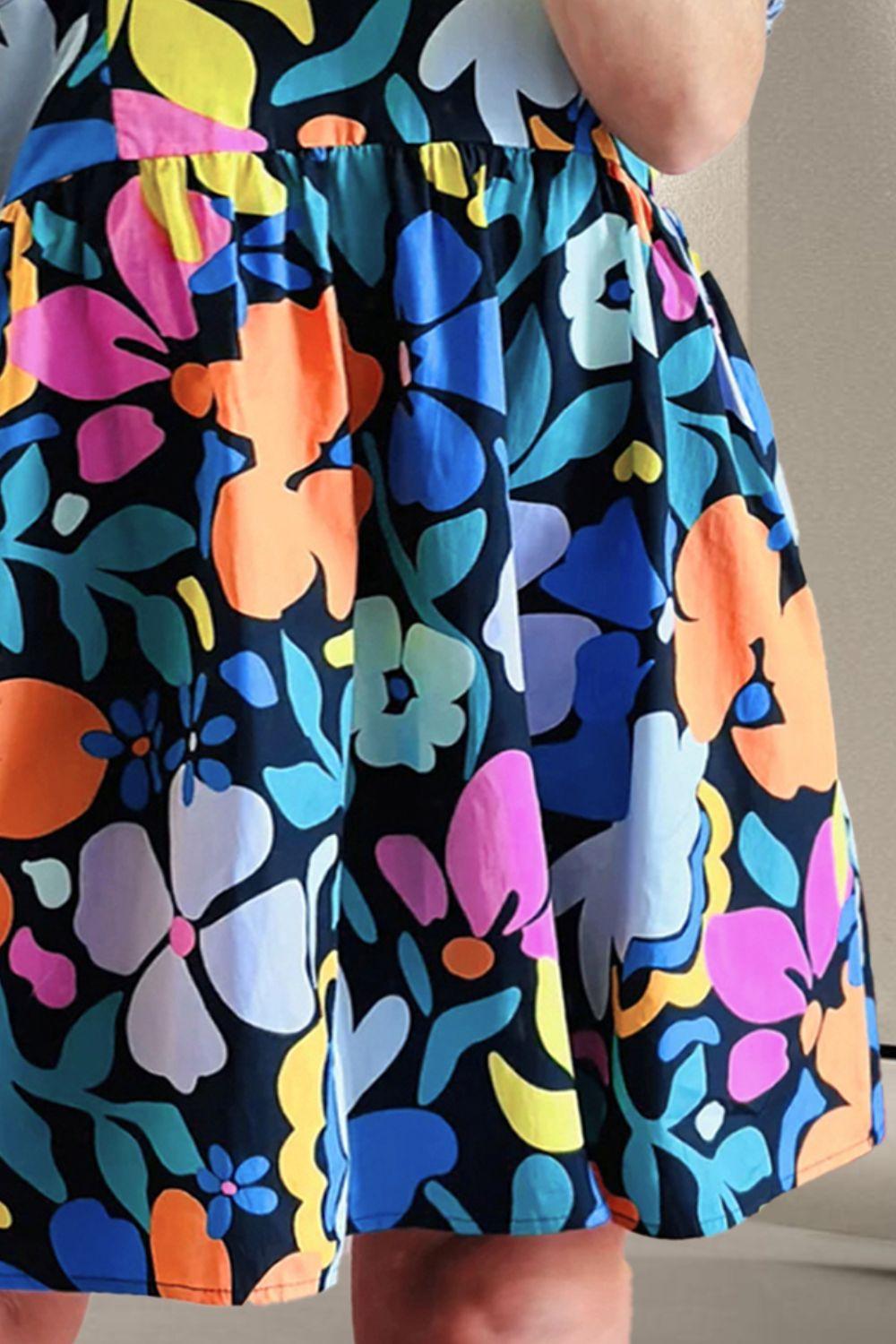 Plus Size Printed Floral V-Neck Short Sleeve Mini Dress Multicolor