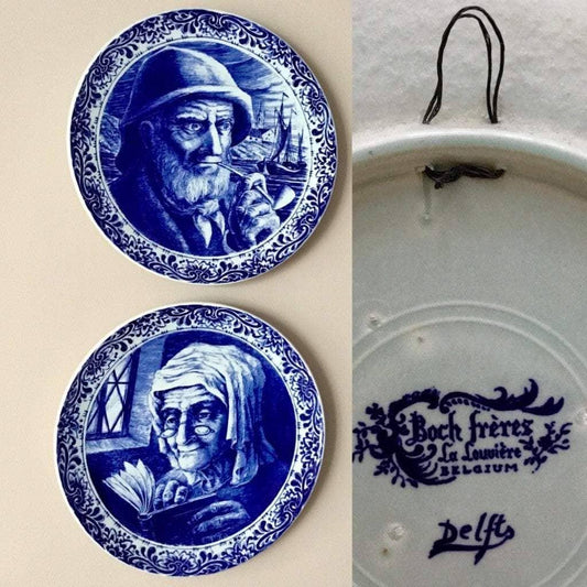 Porcelain and pottery, vintage transferware Delft plates