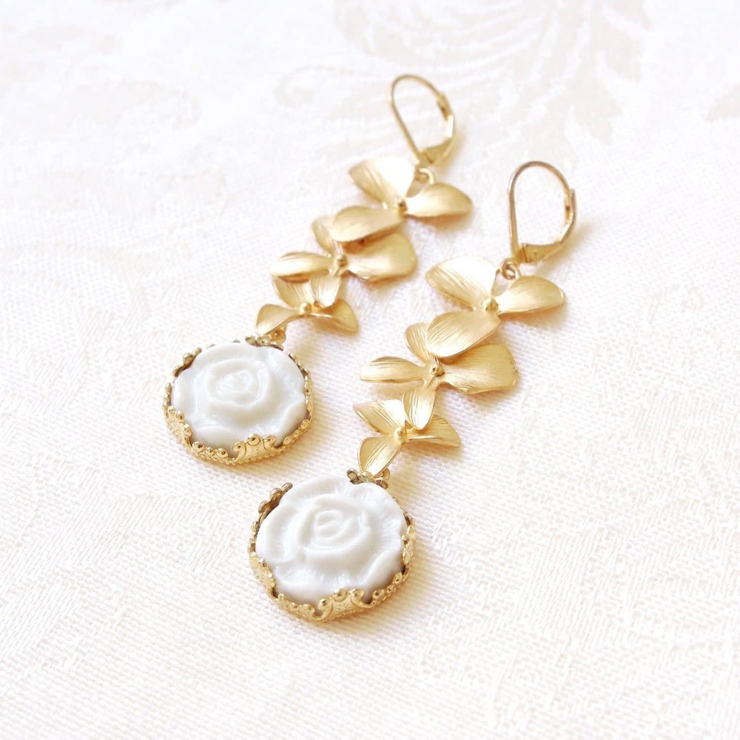 Porcelain Moonlight Rose and Triple Leaves Drop Earrings | POPORCELAIN Based in Denmark