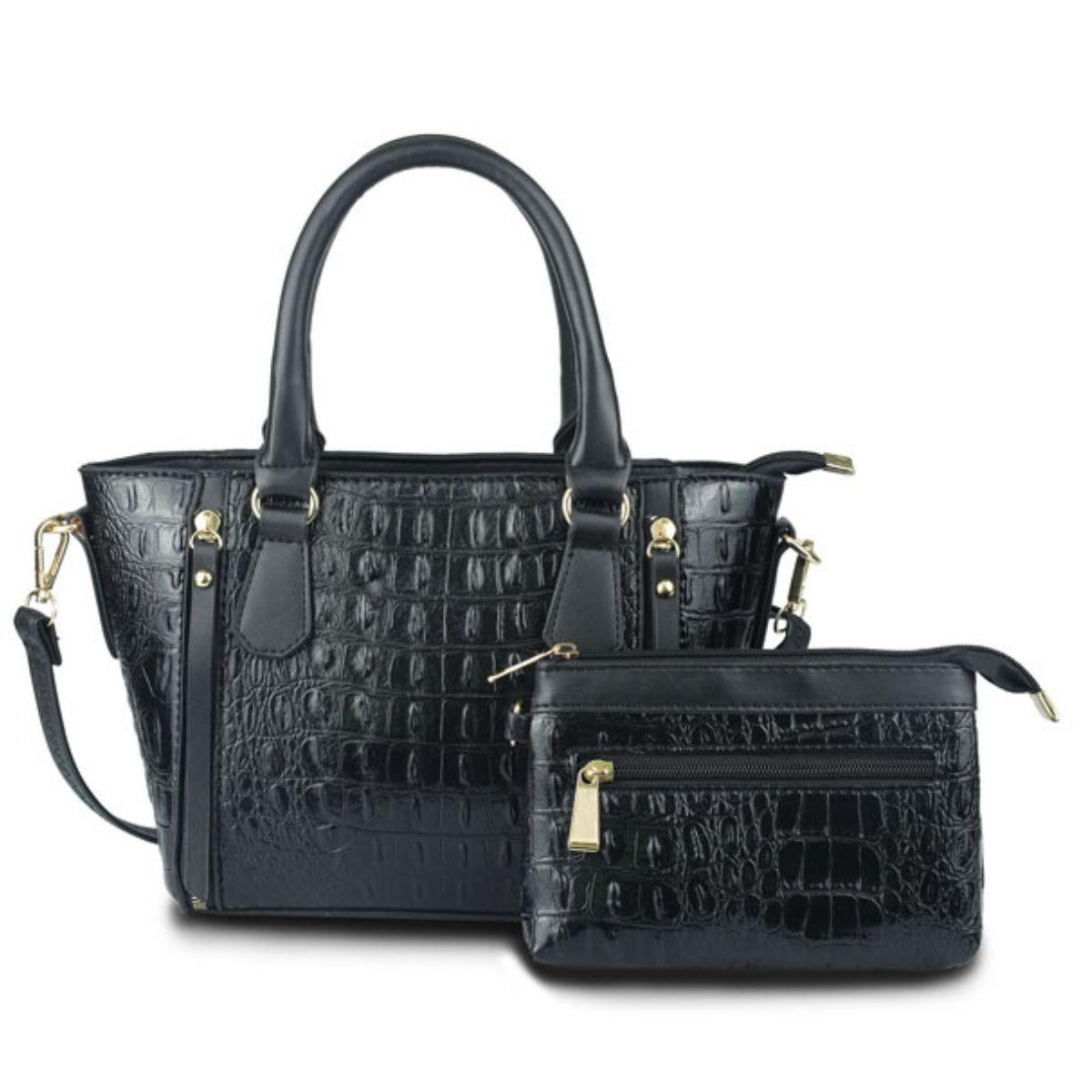 Premium Black Croc Textured Vegan Leather Tote Handbag Set with Double Zipper Wristlet - Luxe Sophistication for Style and Security