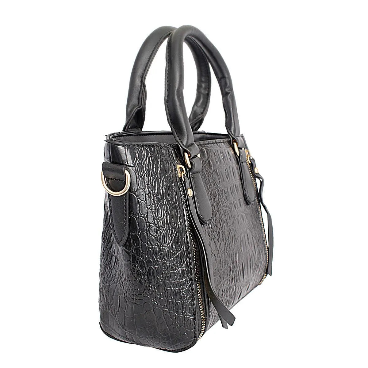 Premium Black Croc Textured Vegan Leather Tote Handbag Set with Double Zipper Wristlet - Luxe Sophistication for Style and Security