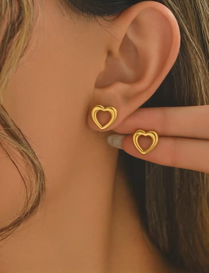 Gold Heart Stud Earrings – Polished Stainless Steel, 10K Gold Look, Nickel Free, Recycled
