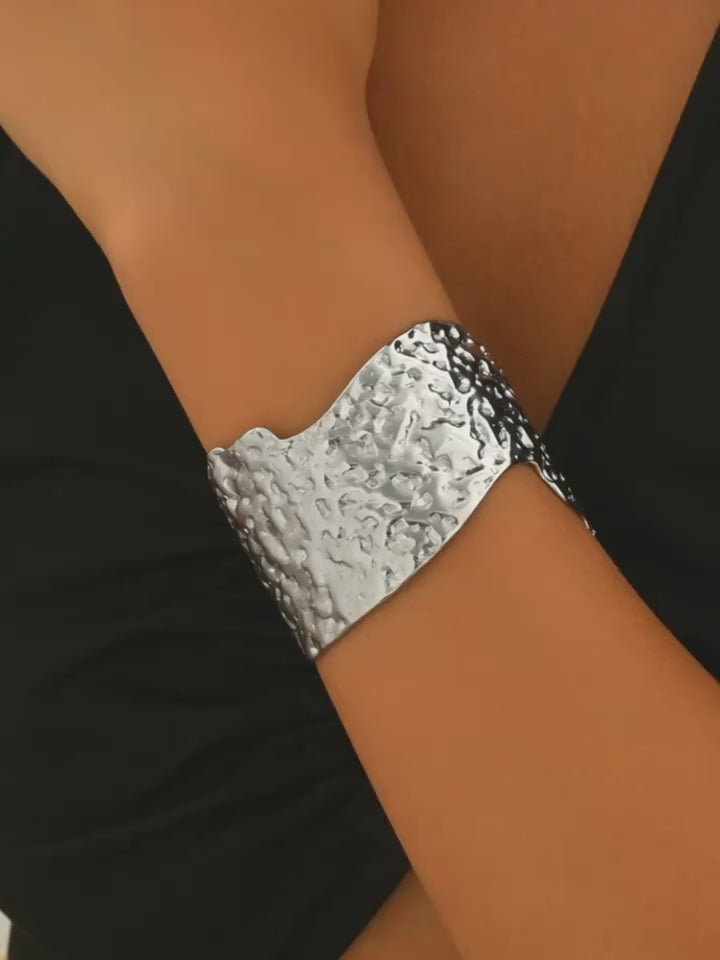 Handmade Hammered Stainless Steel Cuff Bracelet with Platinum Plating