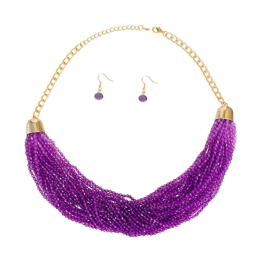 Purple Bead Multi Strand Necklace with Earrings