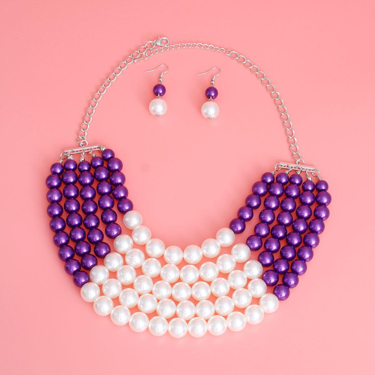 Purple Cream Pearl 5 Row Necklace Earrings Set