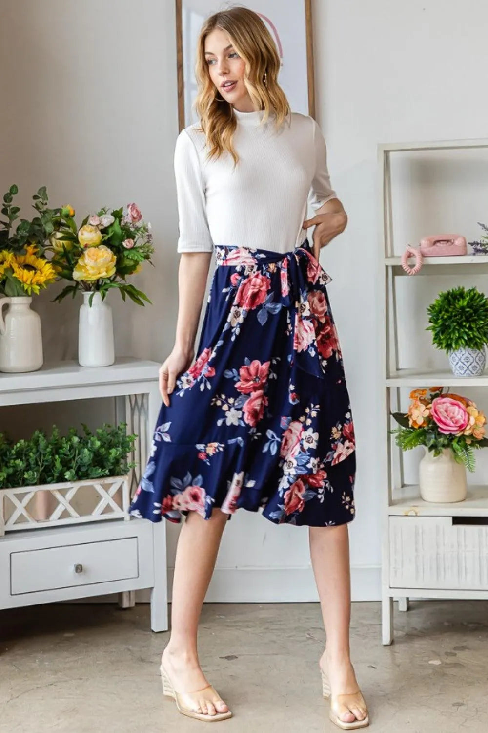 Reborn J Floral Wrap Ruffled Navy Skirt