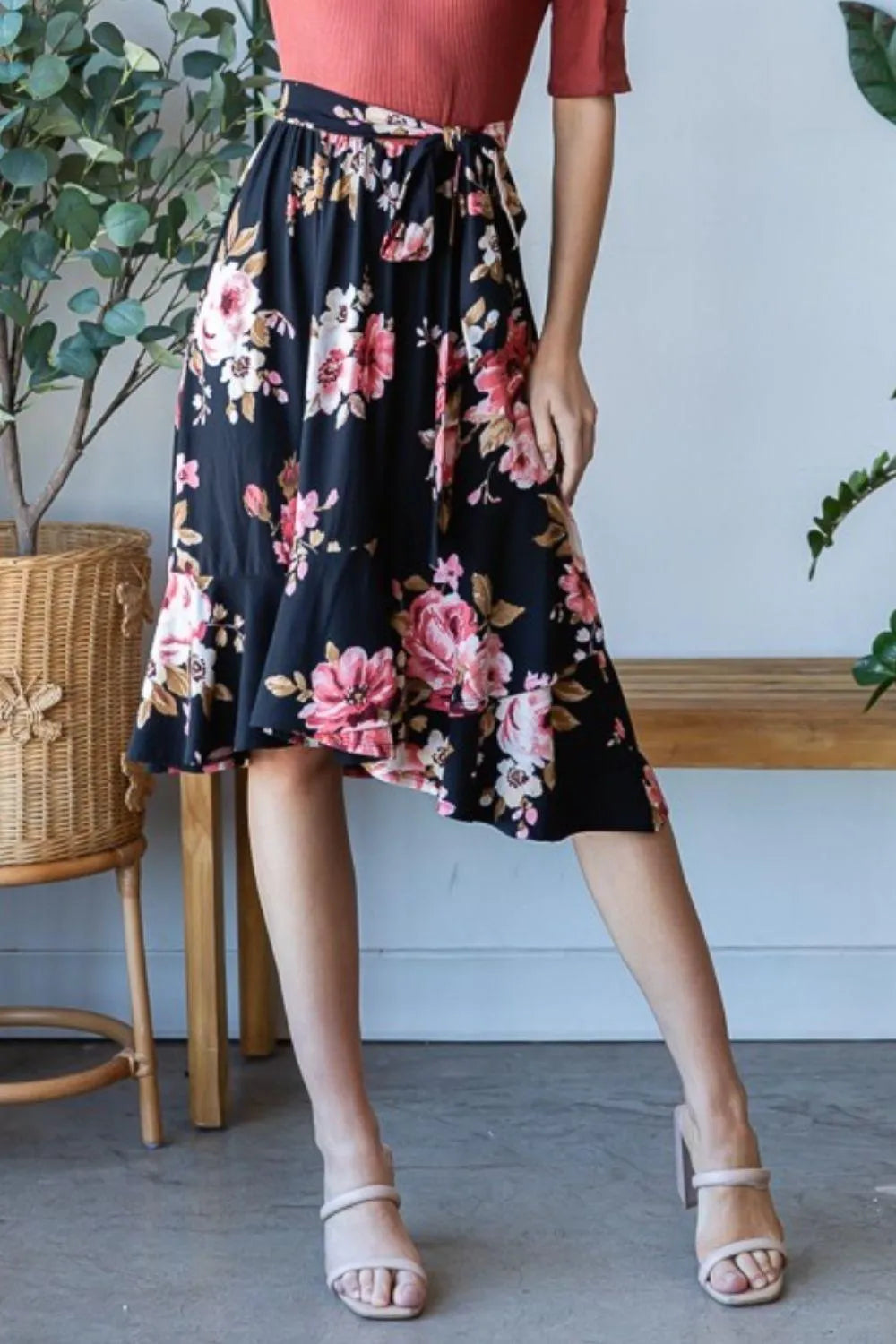 Reborn J Lovely Floral Print Wrap Ruffle Hem Skirt