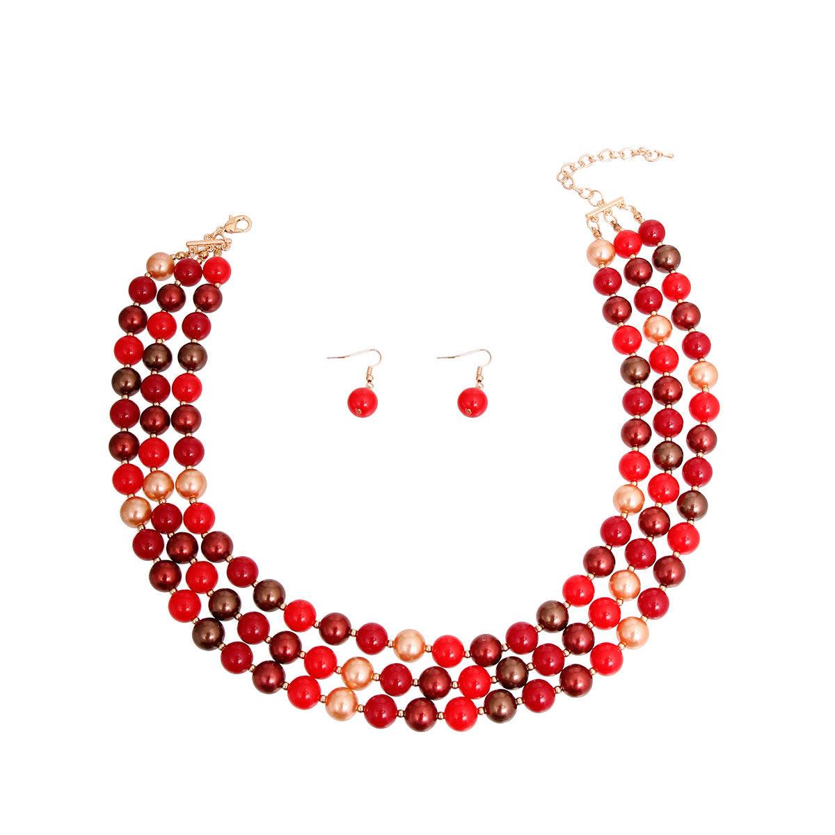 Red and Assorted Bead Layered Necklace Set