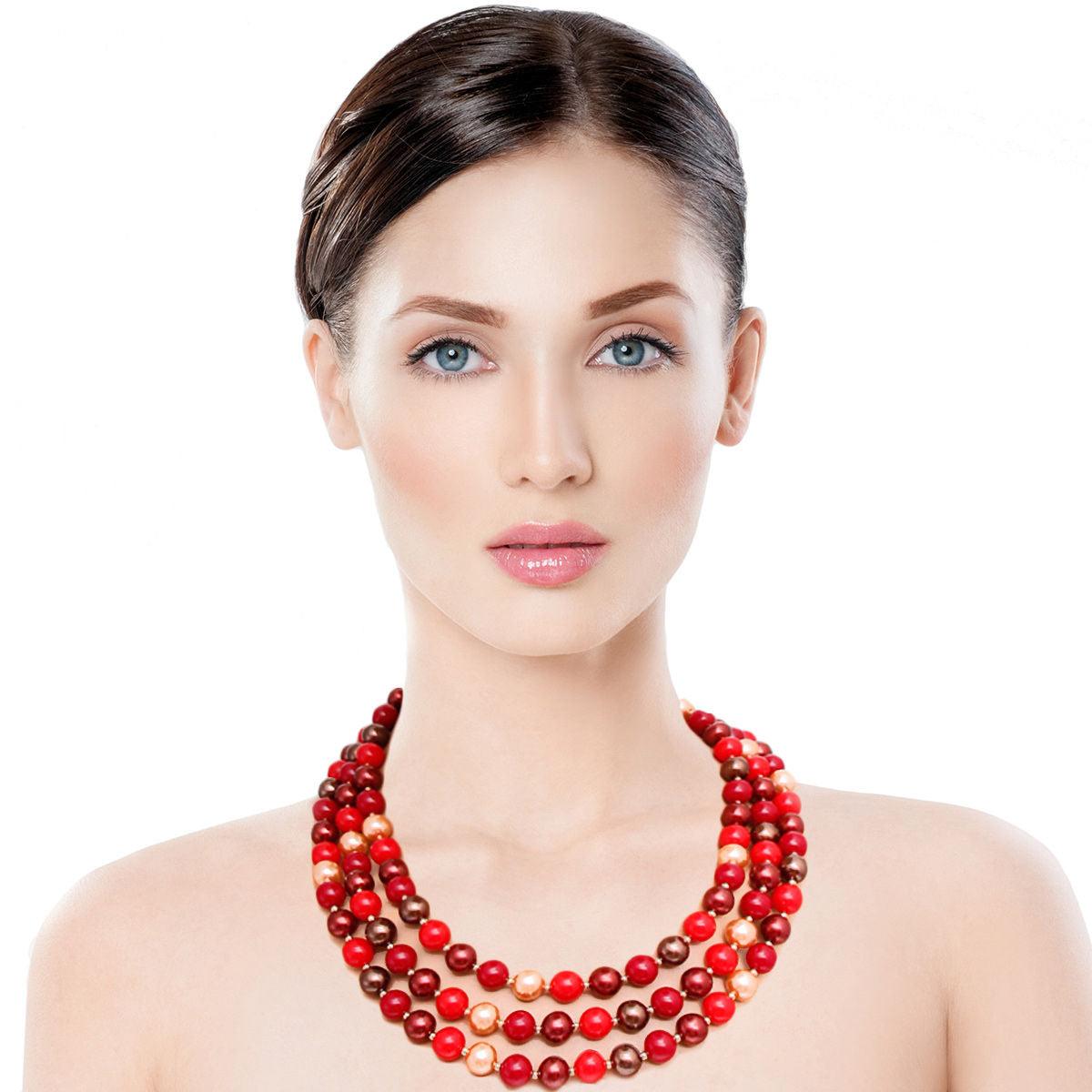 Red and Assorted Bead Layered Necklace Set
