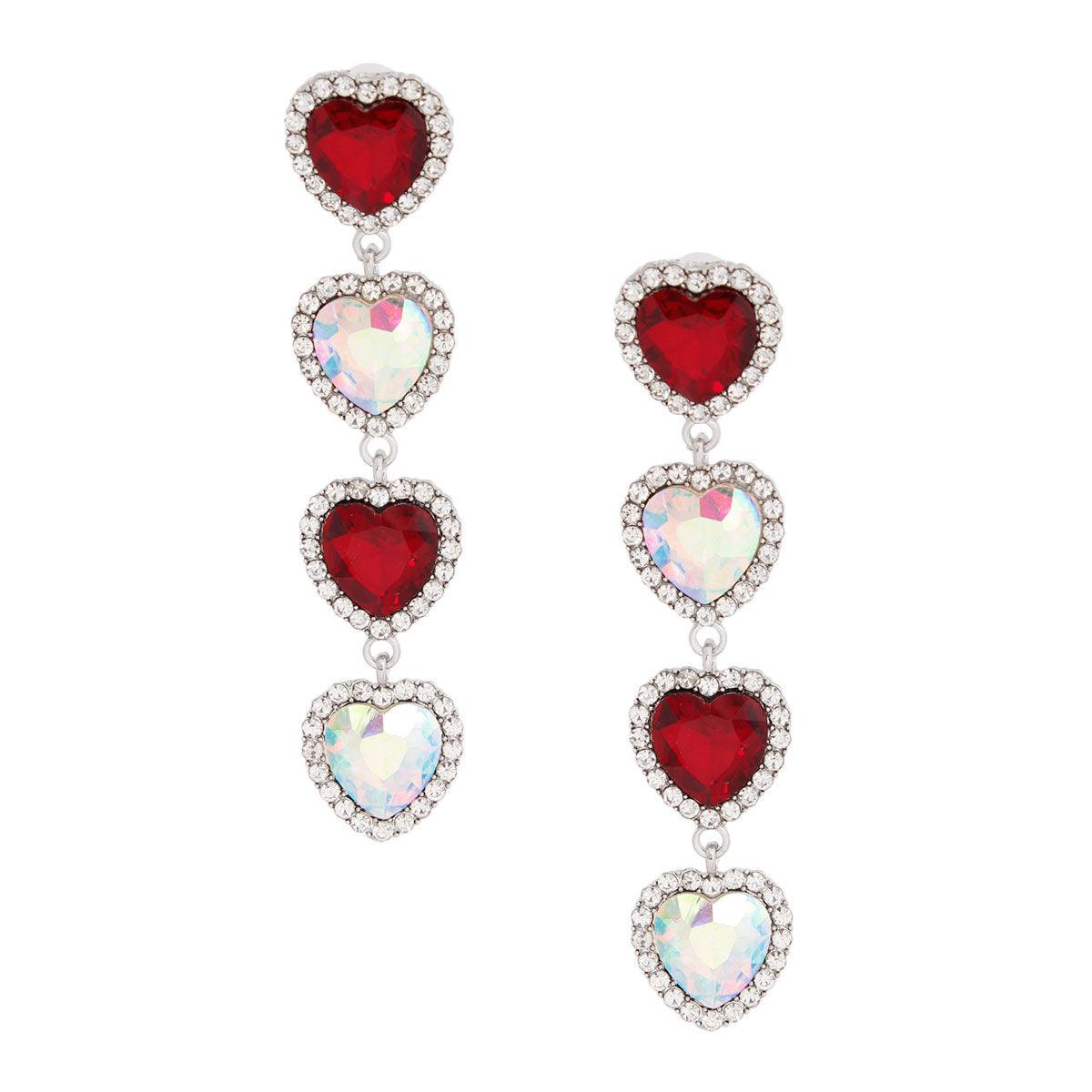 Red and Aurora Borealis Sweetheart Linear Statement Drop Earrings