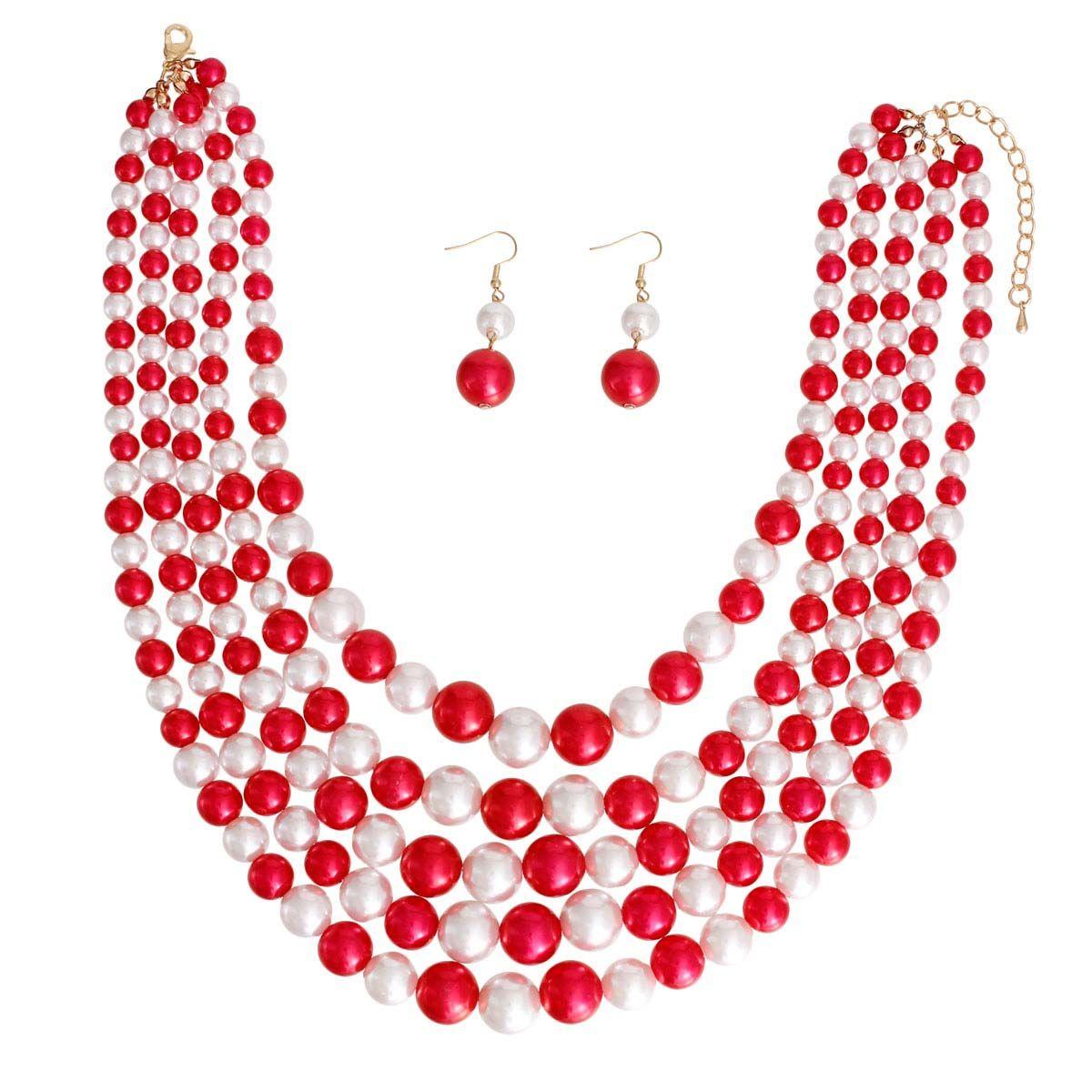 Red & White Pearl 5 Strand Necklace and Dangle Earrings for Elegance