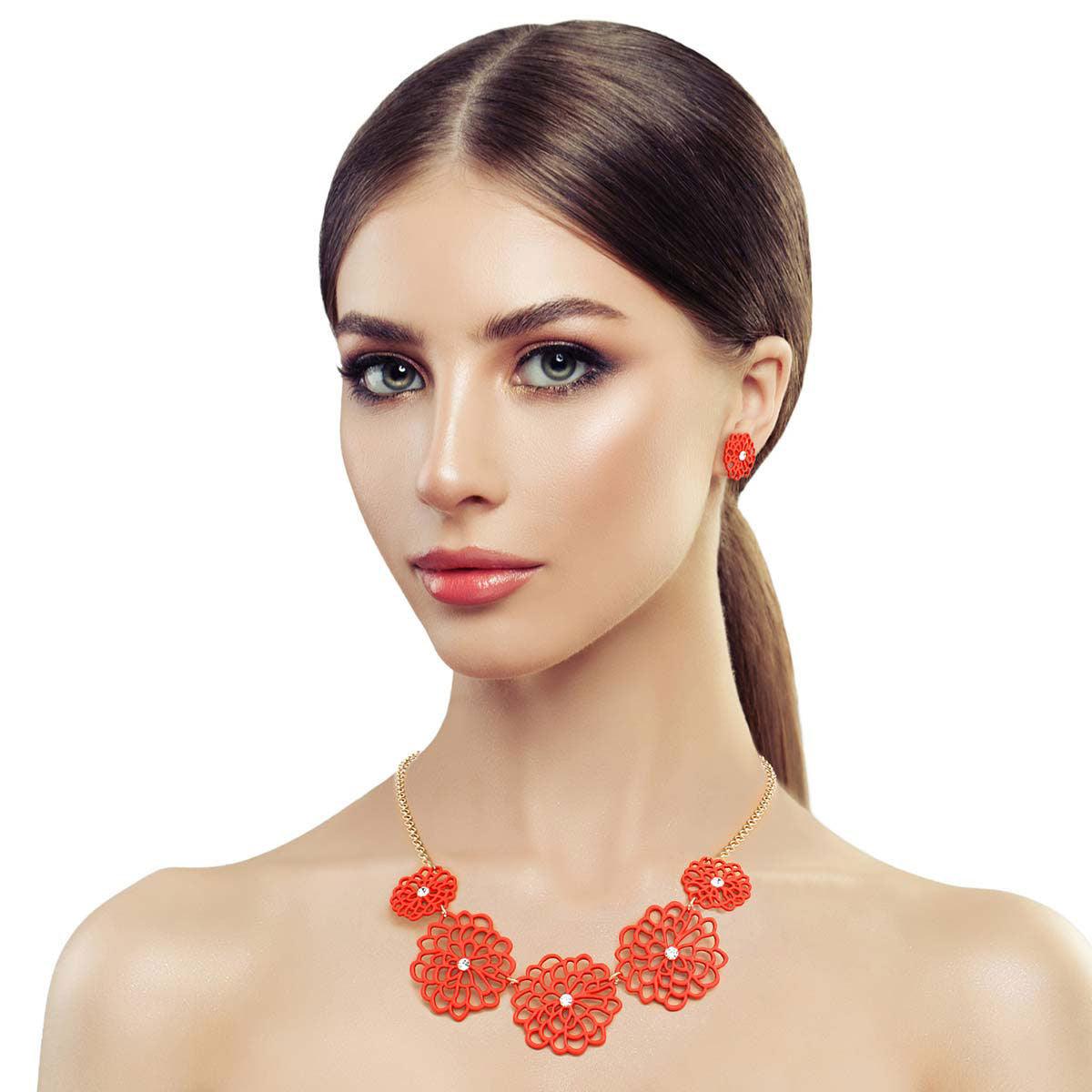 Red Flower Station Necklace Set - Add a Touch of Beauty to Your Look