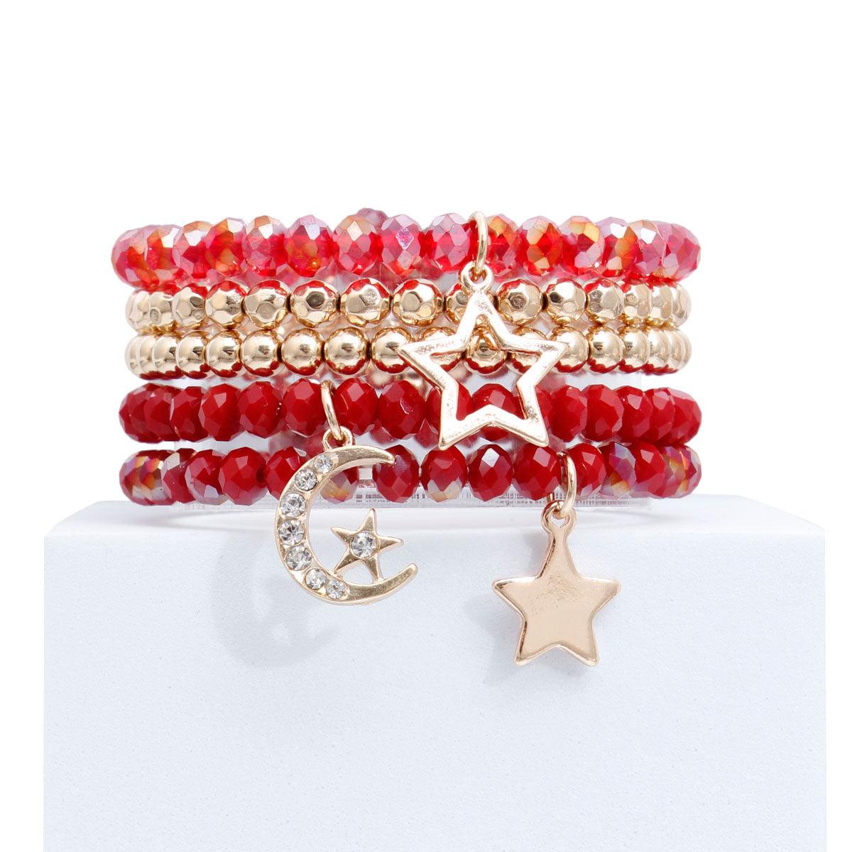 Red Glass and Gold Tone Star Charms Bracelet Set