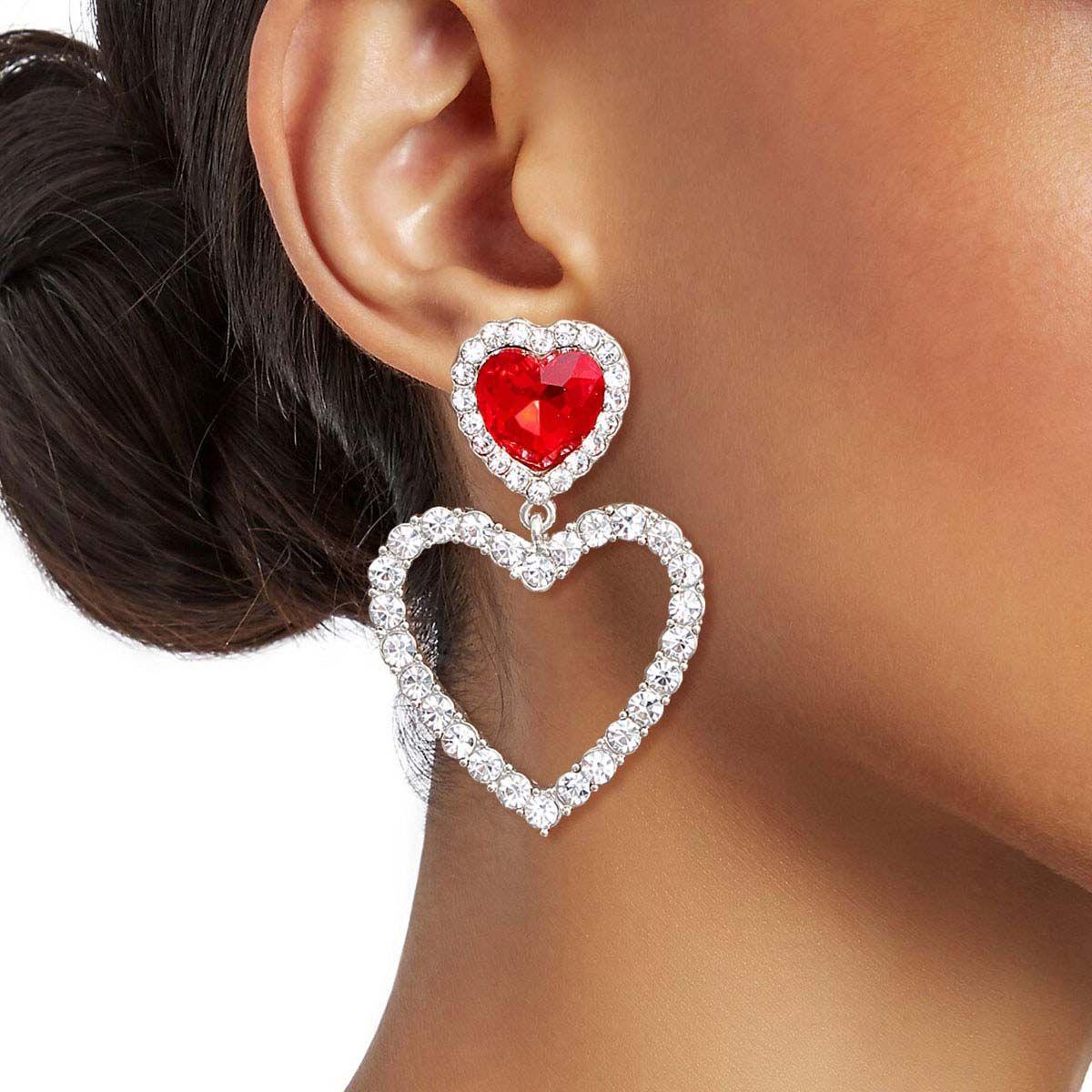 Red Heart Stud Earrings Dangle Open Love Silver Plated