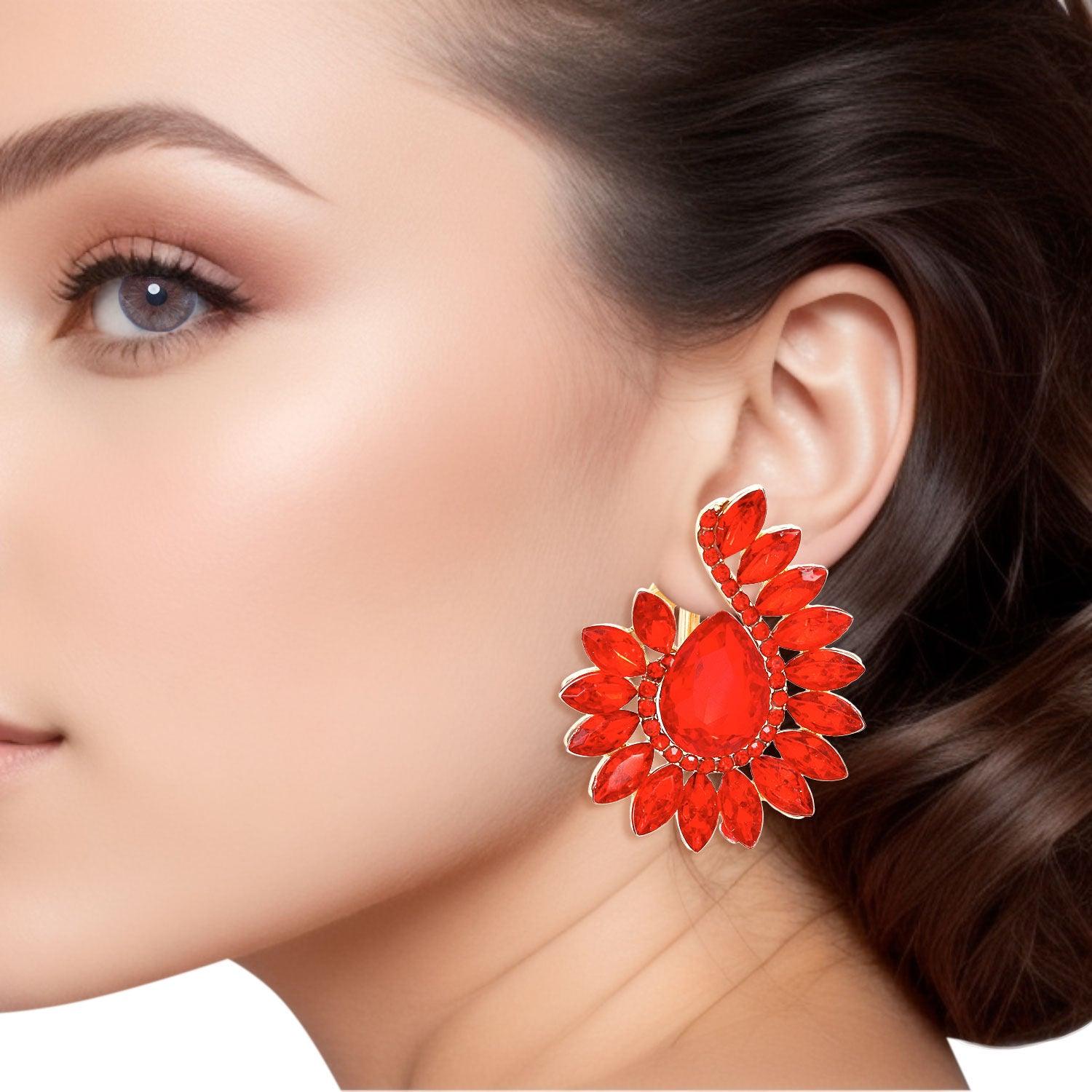 Red Teardrop Center Clip On Pageant Earrings for Elegant Style