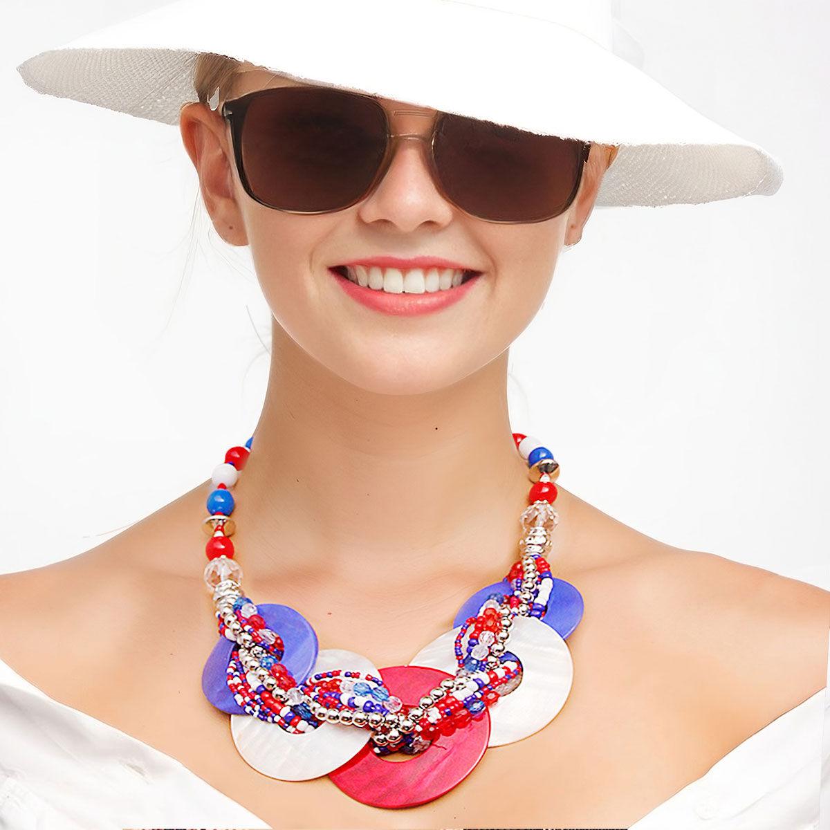 Red, White, and Blue Beaded Annulus Necklace Set for Women