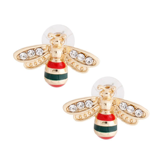 Red/Green Bee Stud Earrings Yellow Gold Plated