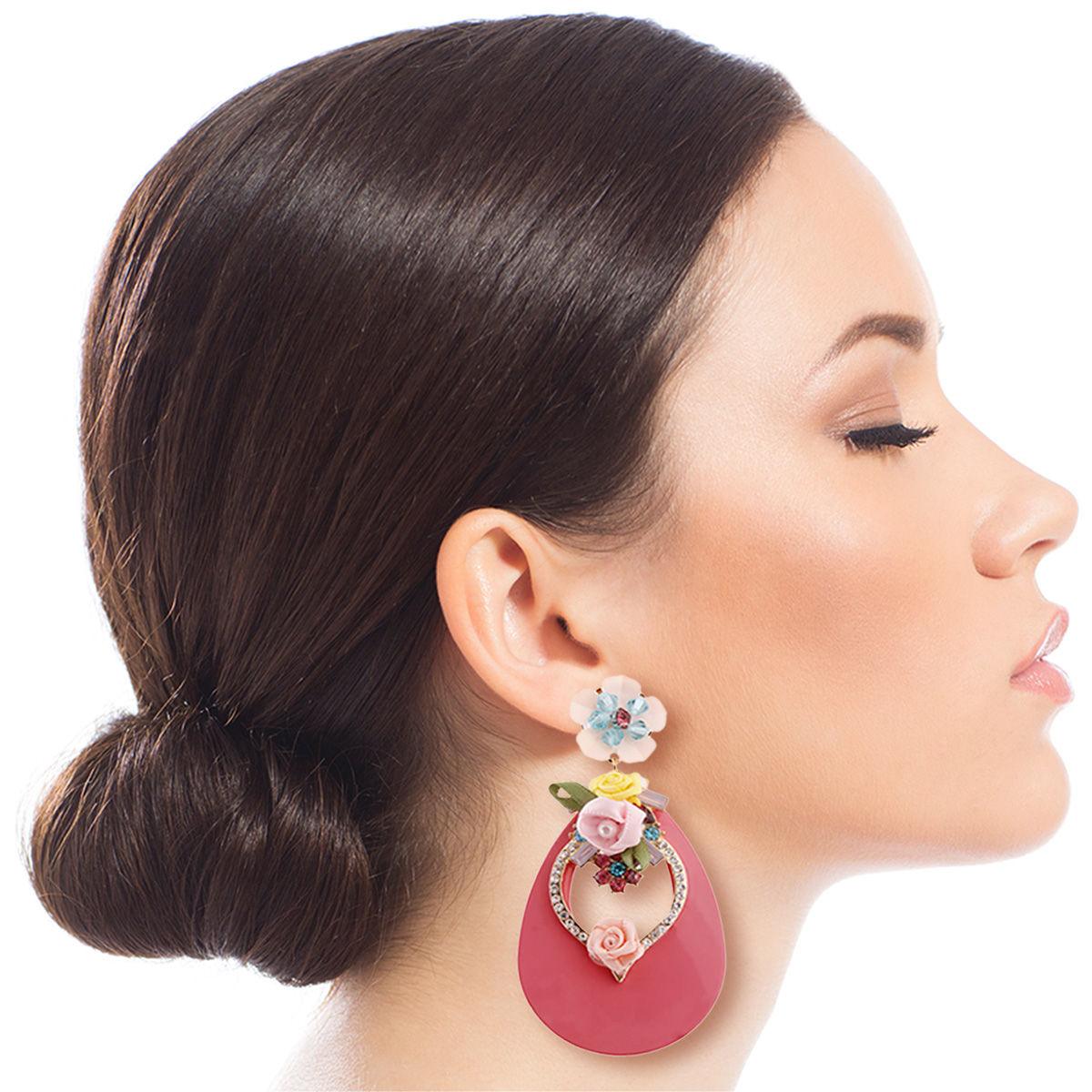 Rhinestone & Flower Stud Pink Drop Earrings - Sparkle & Elegance Harmonized