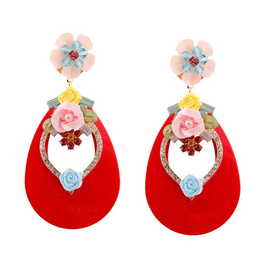 Rhinestone & Flower Stud Red Drop Earrings - Sparkle & Elegance Harmonized