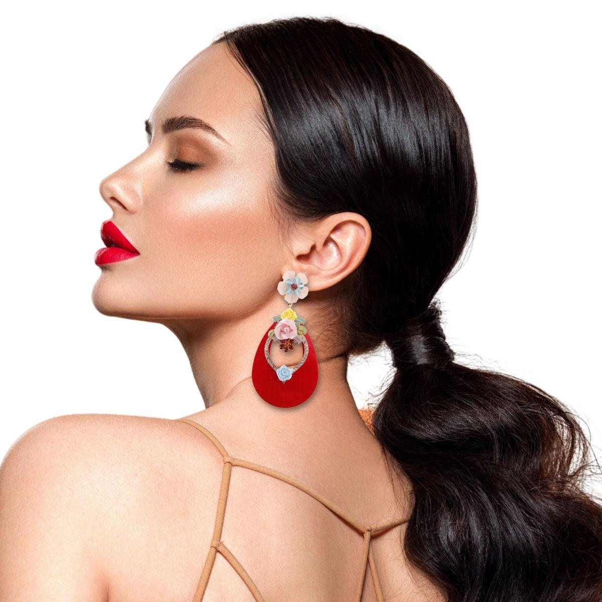 Rhinestone & Flower Stud Red Drop Earrings - Sparkle & Elegance Harmonized