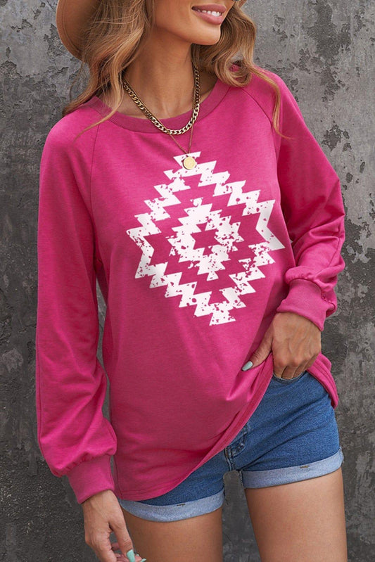 Rose Aztec Geometric Print Long Sleeve Pullover Sweatshirt