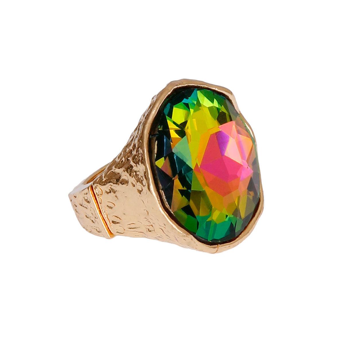 Round Cut Acrylic Aurora Borealis Crystal Ring in Multi Pink and Green