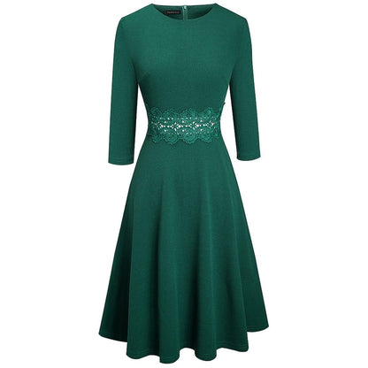 Round Neck Three-Quarter Sleeves Lace Stitching A-Line Mini Dress
