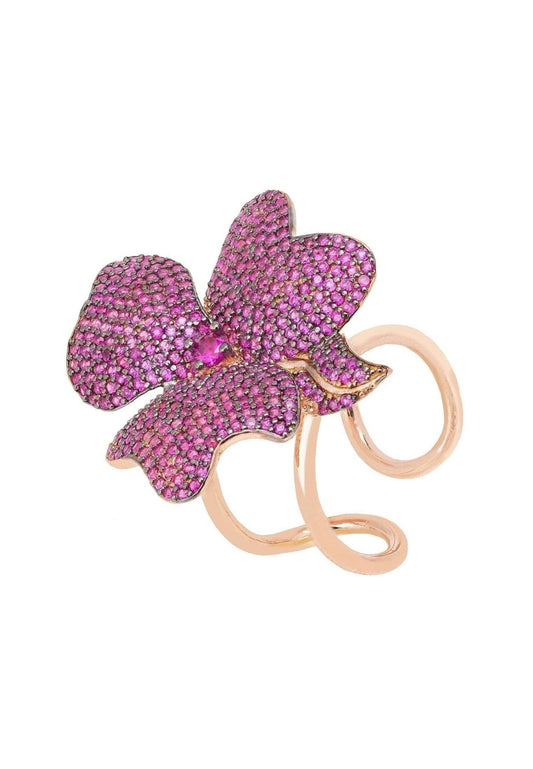 Ruby CZ Flower Cocktail Ring Rose Gold Plated