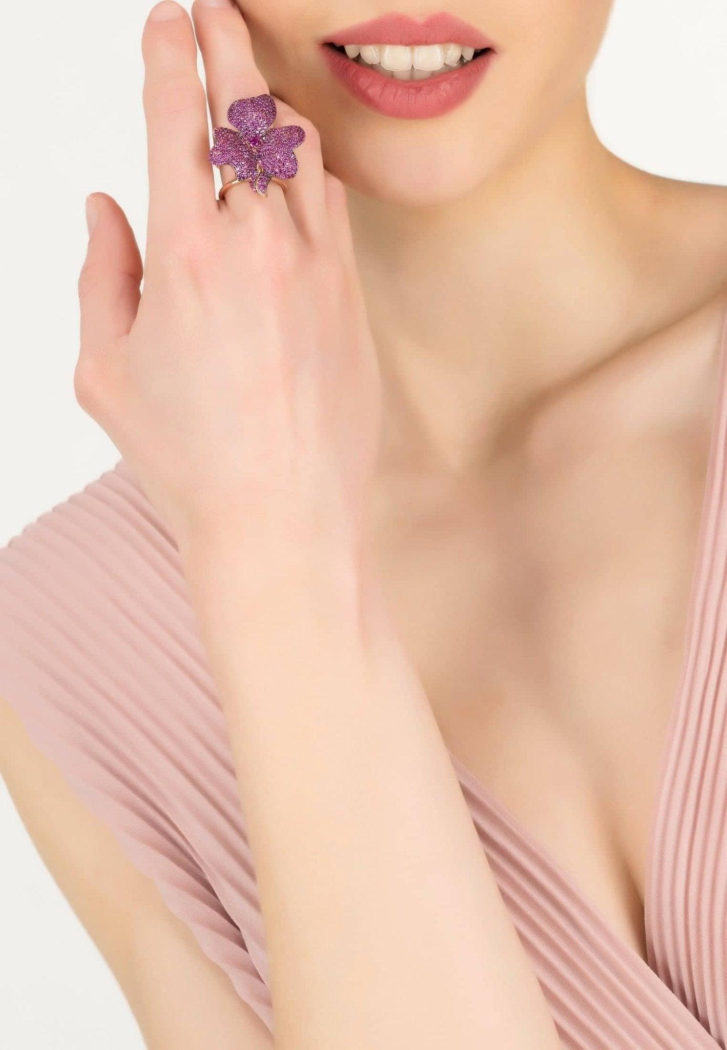 Ruby CZ Flower Cocktail Ring Rose Gold Plated