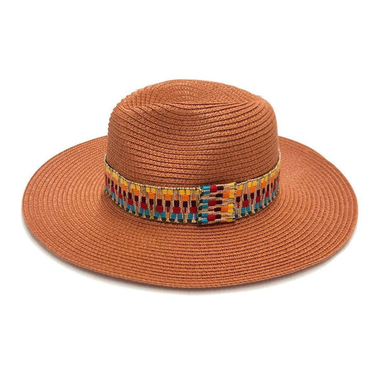 Rust Color Panama Hat Aztec Band