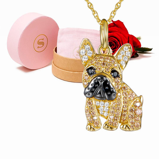 SCAMPER & CO French Bulldog Pendant Necklace for Women and Girls - Genuine Gemstone and Cubic Zirconia Puppy Charm with Elegant Bone Pattern Backplate,18K Yellow Gold Sterling Silver Chain, 18 inch