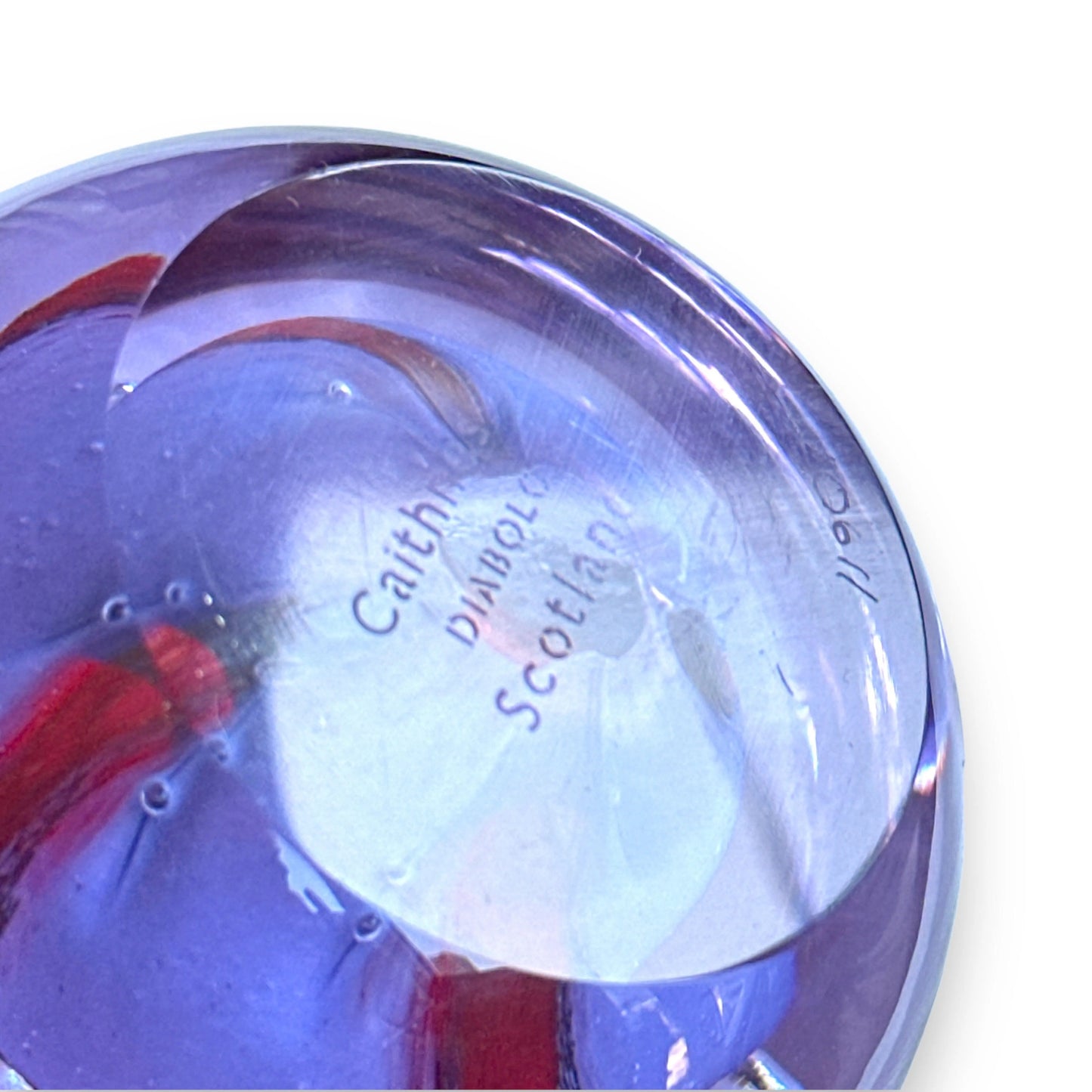 Scottish Glass: Vintage Caithness Paperweight DIABOLO Purple & Red Swirls with Controlled Air Bubbles