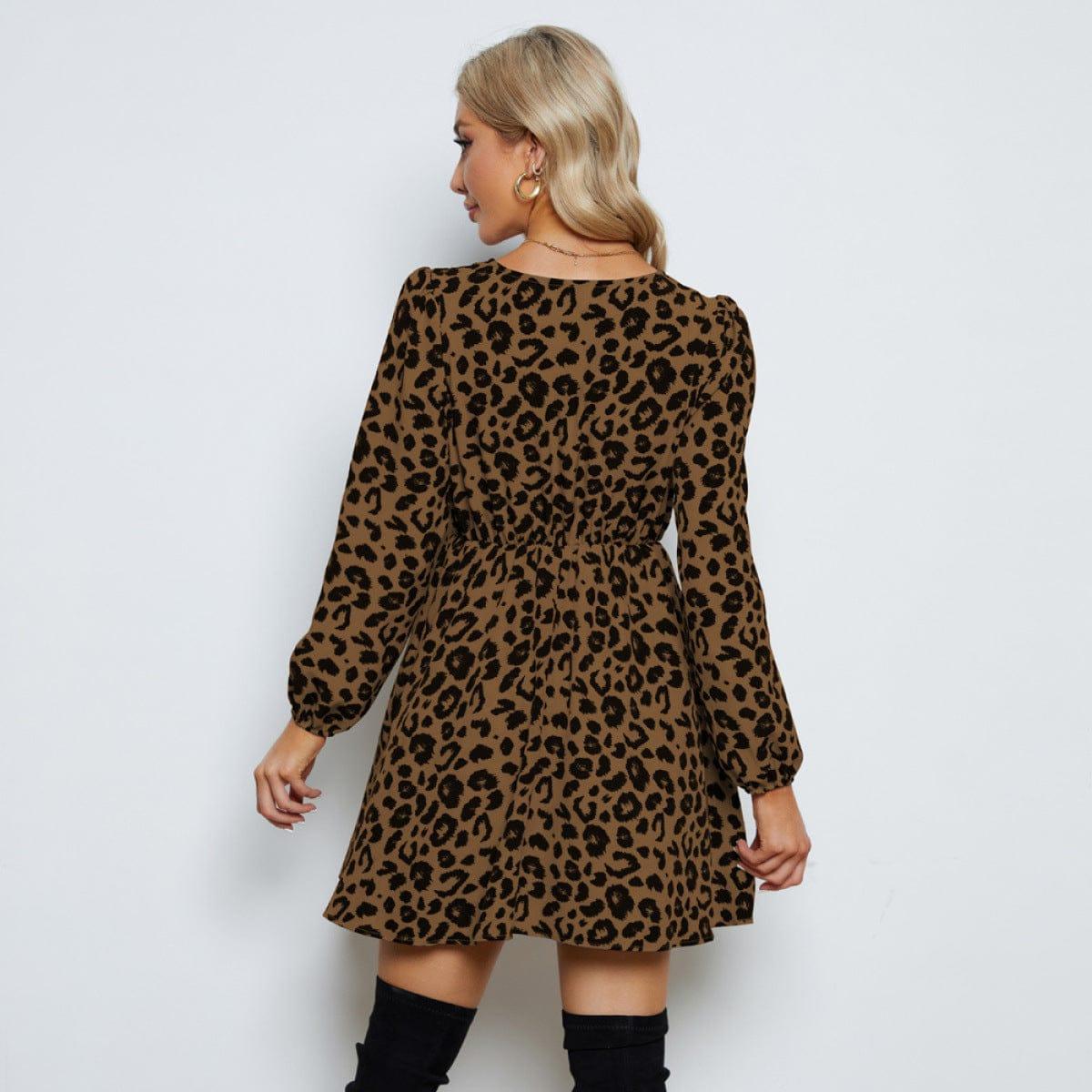 Sexy V-Neck Leopard Print Long Sleeve Mini Dress