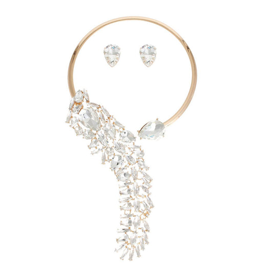 Shine Bright with Our Clear Waterfall Choker Necklace Set in Gold