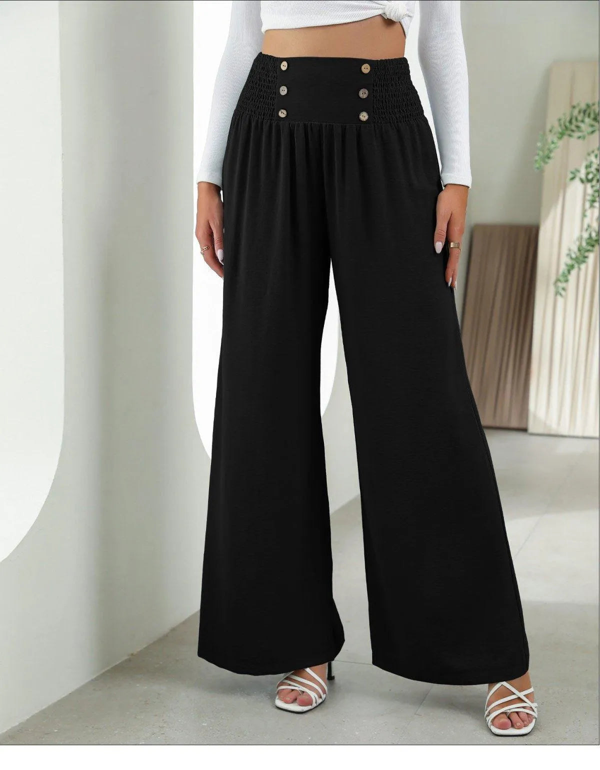 Shirred Elastic Waist High Waist Buttoned Wide Leg Pants