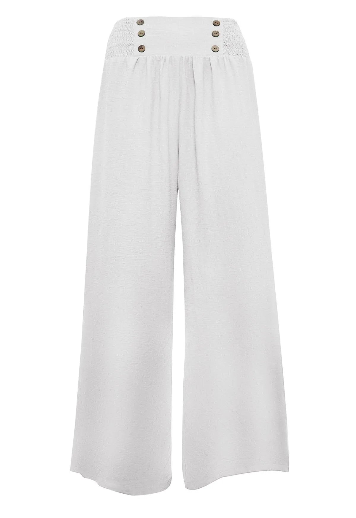 Shirred Elastic Waist High Waist Buttoned Wide Leg Pants