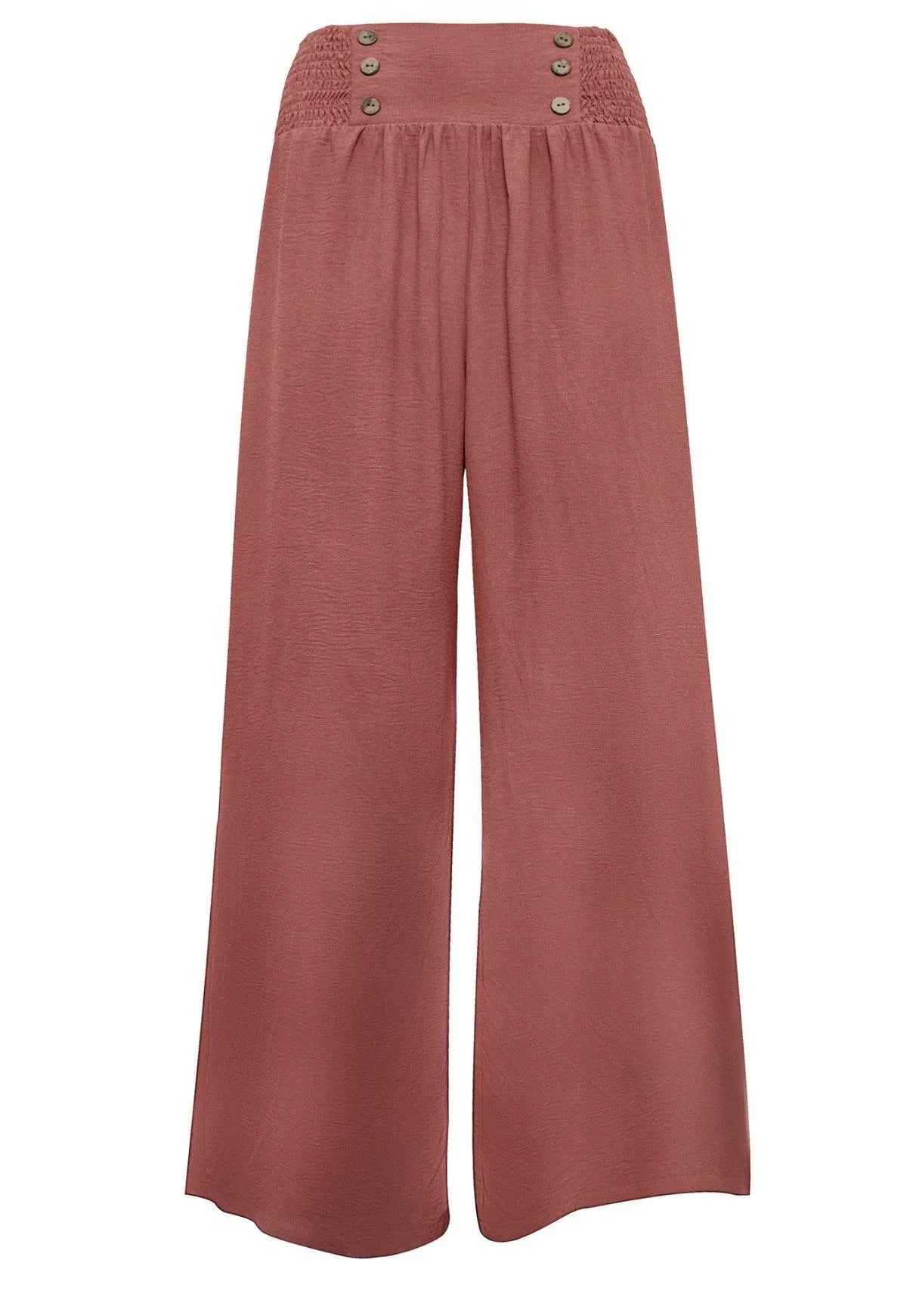 Shirred Elastic Waist High Waist Buttoned Wide Leg Pants