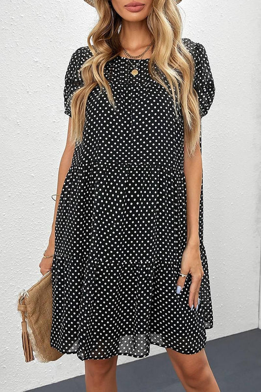 Shop Now: Black Polka Dot Tiered Swing Mini Dress - Limited Stock!
